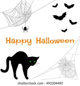 Spider webs, black cat and bats. Halloween card