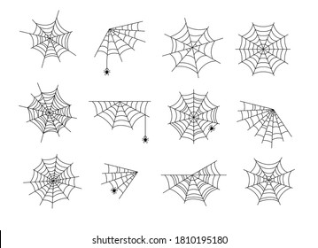 Spider webs. Black halloween cobweb, horror web with spiders. Abstract spooky tattoo, isolated corner nature gossamer vector illustration