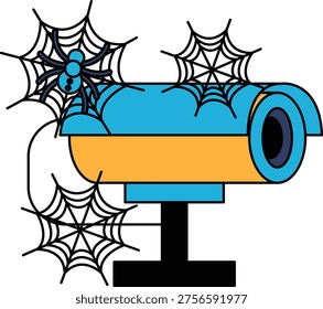 Spider webs cling to a surveillance camera. Dark silhouettes hint at unnoticed observation. Climbing threads suggest abandoned vigilance. Implied mystery surrounds the camera's gaze