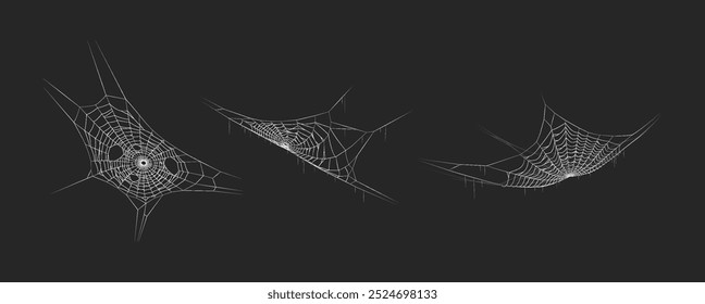 Spider webs handing in dark space realistic icons vector set. Halloween design for spooky atmosphere 3d objects illustrations on black