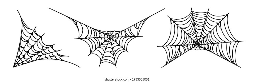 Spider webs isolated on white background. Spooky Halloween cobwebs. Outline vector illustration