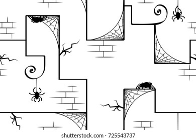 Spider webs old wall abstract, seamless vector texture pattern, horizontal, black and white