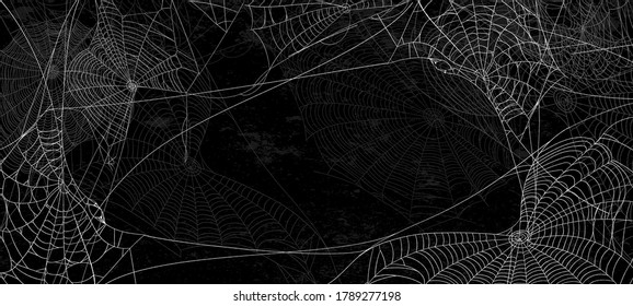 Spider webs on black wall - halloween banner on dark background.