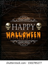 spider and webs over grunge wooden background vector
