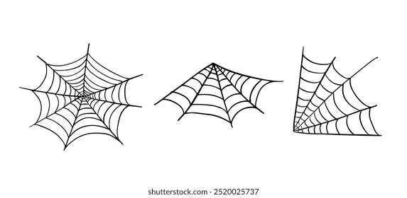 Conjunto de teias de aranha. Teia de aranha desenhada à mão. Ilustração de elemento de decoração de Halloween.