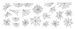 Spider webs set simple hand drawn outline vector illustration of doodle fancy Halloween scary decor elements, clipart perfect for Halloween party design, cartoon spooky character