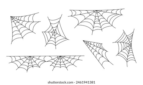 Spider webs set simple hand drawn vector outline illustration of doodle fancy Halloween scary decor elements, clipart perfect for Halloween party design, cartoon spooky character