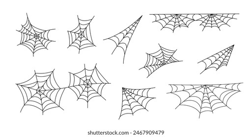 Spider webs set simple hand drawn vector outline illustration of doodle fancy Halloween scary decor elements, clipart perfect for Halloween party design, cartoon spooky character