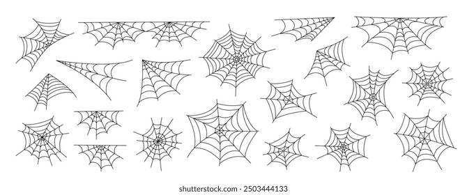 Spider webs set simple hand drawn outline vector illustration of doodle fancy Halloween scary decor elements, clipart perfect for Halloween party design, cartoon spooky character