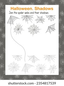 Juego de comparación de sombras de telarañas web, Halloween vacaciones niños actividades de ocio hoja de cálculo imprimible, juego educativo ilustrativo vectorial, recursos de profesores para la escuela primaria, kindergarten, preescolar
