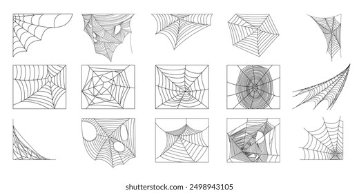 Spider webs silhouettes set. Set of 15 webs silhouettes. Spider webs silhouettes isolated on white background. Spider web insect predator silhouettes template. Vector illustration