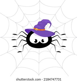 A spider in a witch's hat sits on a spider web. Halloween concept. Vector illustration on a white background.