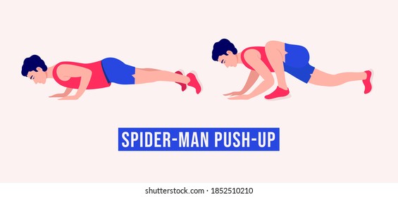 Spiderman Push Up Exercise, Men Workout Fitness, Aerobic And Exercises. Vector Illustration.