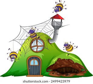 Spiders around a whimsical hill house