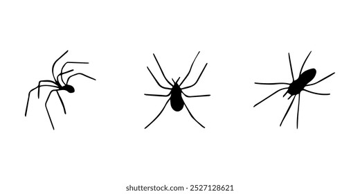 Spiders. Black bug spider silhouette. Scary Halloween animal arachnid, creepy dangerous insect, arachnophobia fear. Vector illustration