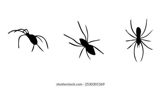 Aranhas. Silhueta de aranha de inseto preto. Assustador animal de Halloween aracnídeo, inseto perigoso assustador, medo de aracnofobia. Ilustração vetorial