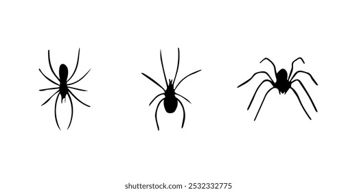 Arañas. Silueta de araña de bicho negro. Arácnido animal de Halloween aterrador, insecto peligroso espeluznante, miedo a la aracnofobia. Ilustración vectorial