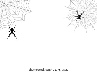 Spiders black silhouette hanging on corner web isolated on white background. Spooky insect drawing illustration, halloween creepy dark monster netting, vector eps 10