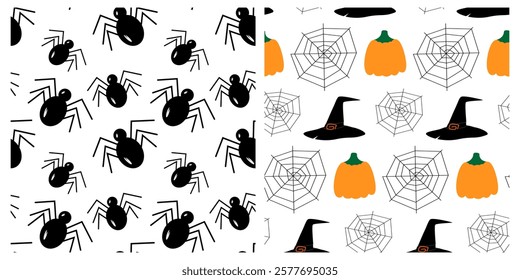 Spiders, cobweb, pumpkins and Witch Hats Seamless pattern Halloween background Texture concept Set 2