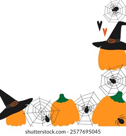 Spiders, cobweb, Witch hats and decorative hearts Corner Frame border Halloween Copy space Template