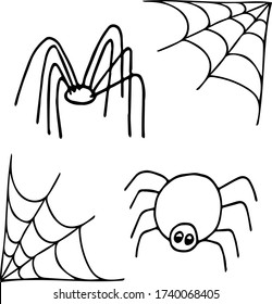 spiders and cobwebs hand drawn in doodle style. vector scandinavian monochrome minimalism. Set of elements for design. insects, halloween decor, sticker, poster, card