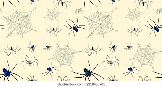Spiders with cobwebs seamless pattern in beige color. Decorated background for Halloween in vector format. Large flock of spiders.