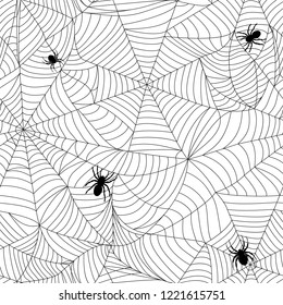 Spiders and cobwebs. Seamless repeating vector background. Tangled entwined halloween pattern. Black insects with web on white. Abstract terrible texture for scary design. Concept of abyss or trap.
