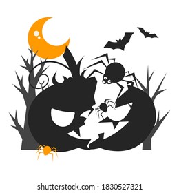 Spiders coming out of a Jack-O-Lanterns carved pumpkin. Halloween concept. Flat style illustration. 