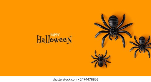 Spiders crawl, 3D top view. Orange background. Scary, creepy. For Halloween celebration and advertising concepts. Vector illustration.