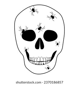 Spiders crawling on a skull. Halluin black and white illustration. Tattoo