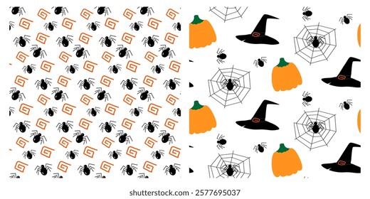 Spiders, decorative design element and Witch Hat, pumpkin, cobweb Halloween Seamless Patterns Set 2