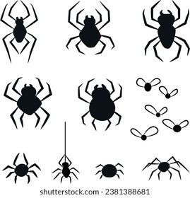 Spiders and flies for the decoration of postcards and other cards for the holiday of Halloween on All Saints' Day isolated on a white background