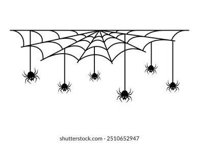 Arañas colgando del Web. Silueta lineal de contorno negro. Trazos editables. Vista Horizontal frontal. Vector simple ilustración gráfica plana. Objeto aislado sobre fondo blanco. Aislar.