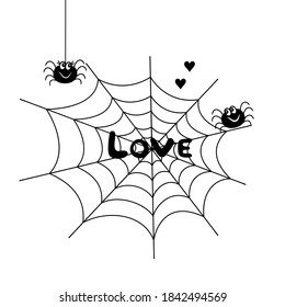 Spiders in love. Vector illustration with lettering and hearts for Valentine's Day. Web of love.