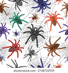 Spiders Multicolored Taranturals and spider web Halloween seamless Pattern
