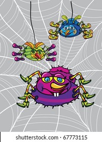 spiders and net cartoon, abstract vector art illustration