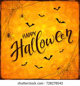 Spiders on black cobwebs and bats on abstract orange Halloween background with pumpkins. Lettering Happy Halloween with grunge decoration, illustration.