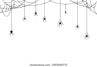 Spiders on cobweb or spiderweb for Halloween holiday and trick or treat party, vector background. Horror night holiday greeting card with creepy spooky spiders hanging on cobweb for banner or poster