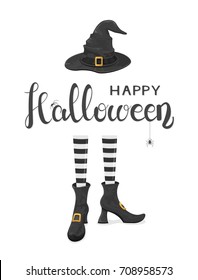 Spiders on lettering Happy Halloween with witches legs in shoes and black hat on white background, illustration.