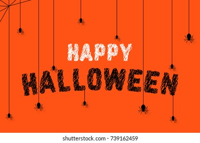 spiders on scribble happy halloween text. hand drawn flat modern sketch graphic art design isolated on orange background. concept of american terrible holiday for kids or retro banner with cobweb