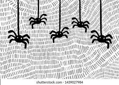 Spiders on texture font hand drawn vector illustration in cartoon style minimalism white black grey