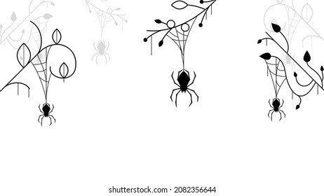 Spiders on Web with Branch Plants Botanic white Background. Halloween Background Design Element. Spooky, Scary Horror Decoration Vector