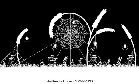 Spiders on Web with dark Background. Halloween Background Design Element. Spooky, Scary Horror Decoration Vector