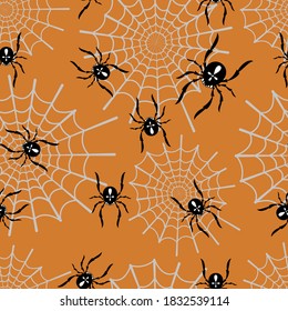 Las arañas en la web sobre un fondo naranja, sin fisuras. Diseño de Halloween. Diseño creativo de fondo de los sitios web fondo de pantalla cubre envolturas para el patrón textil de Halloween, patrón de impresión.