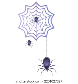 Spiders on the web in realistic style. Helloween creepy decoration for party. Colorful vector illustration isolated on white background.