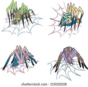 Spiders on web. Set of colorful vector illustrations.