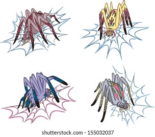 Spiders on web. Set of colorful vector illustrations.