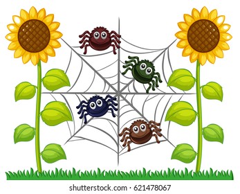 Spiders on web in sunflower garden illustration