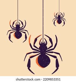 Spiders on the web. Vector illustration in a flat style. Graphic element for Halloween, t-shirt design, decor.