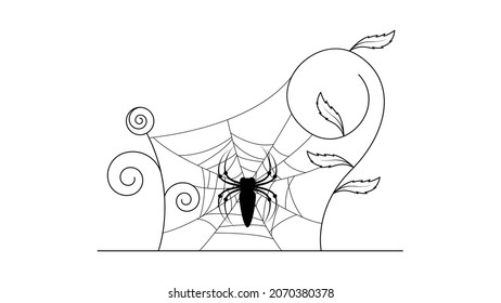 Spiders on Web with white Background. Flower Plant Brunch Halloween Background Design Element. Spooky, Scary Horror Decoration Vector